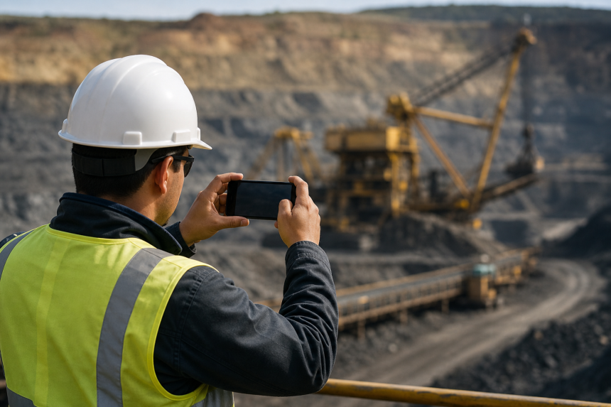 Profissional realiza inspeção em área industrial usando celular com apoio de software de inteligência artificial