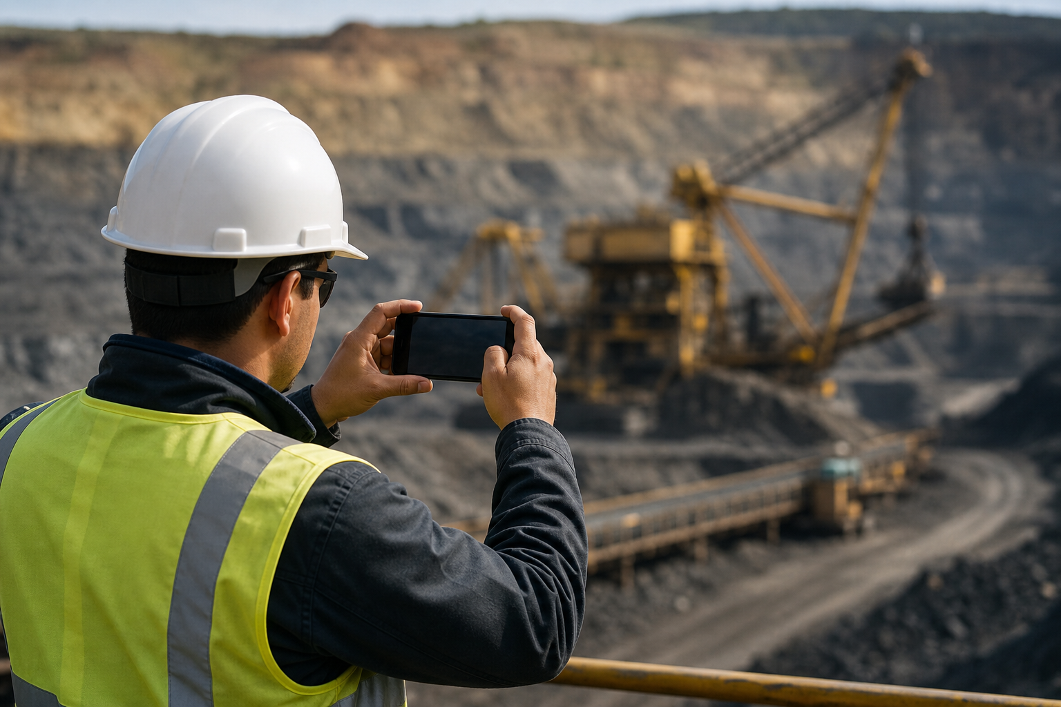 Profissional realiza inspeção em área industrial usando celular com apoio de software de inteligência artificial